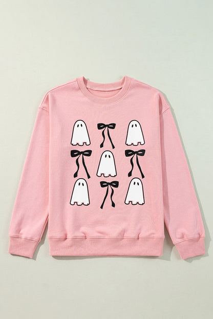 Ghost Bowknot Printed Drop Shoulder Halloween Sweatshirt | Pink