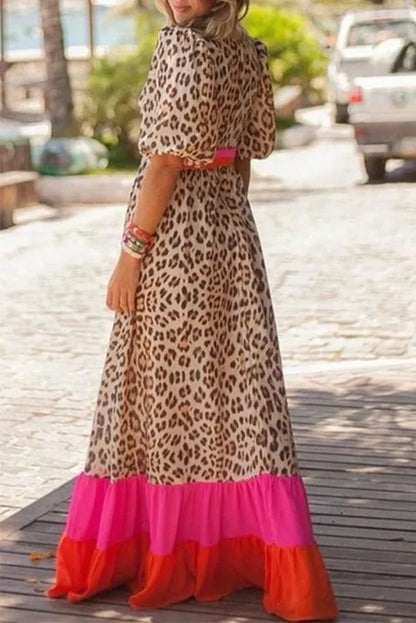 Leopard Colourblock Patchwork Bubble Sleeve Maxi Dress | Bright Pink