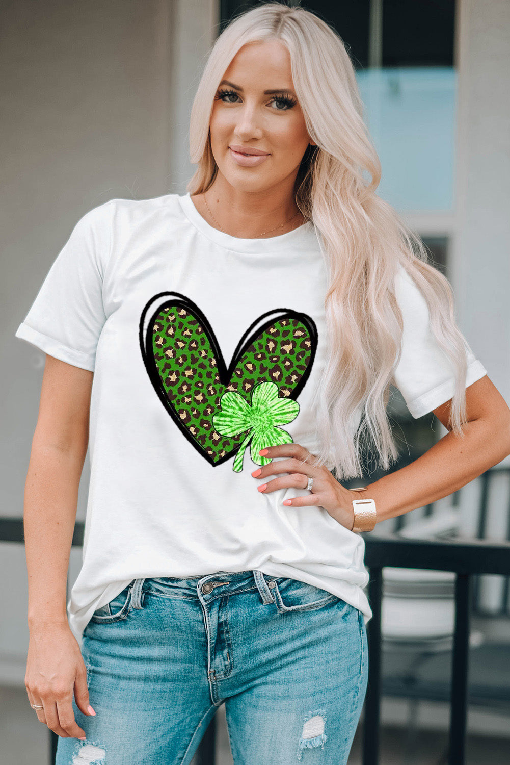 Clover Leopard Heart Shaped Print Crewneck Graphic Tee | White