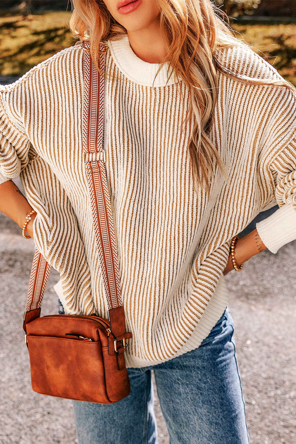 Striped Textured Knit Contrast Edge Loose Sweater | Chestnut