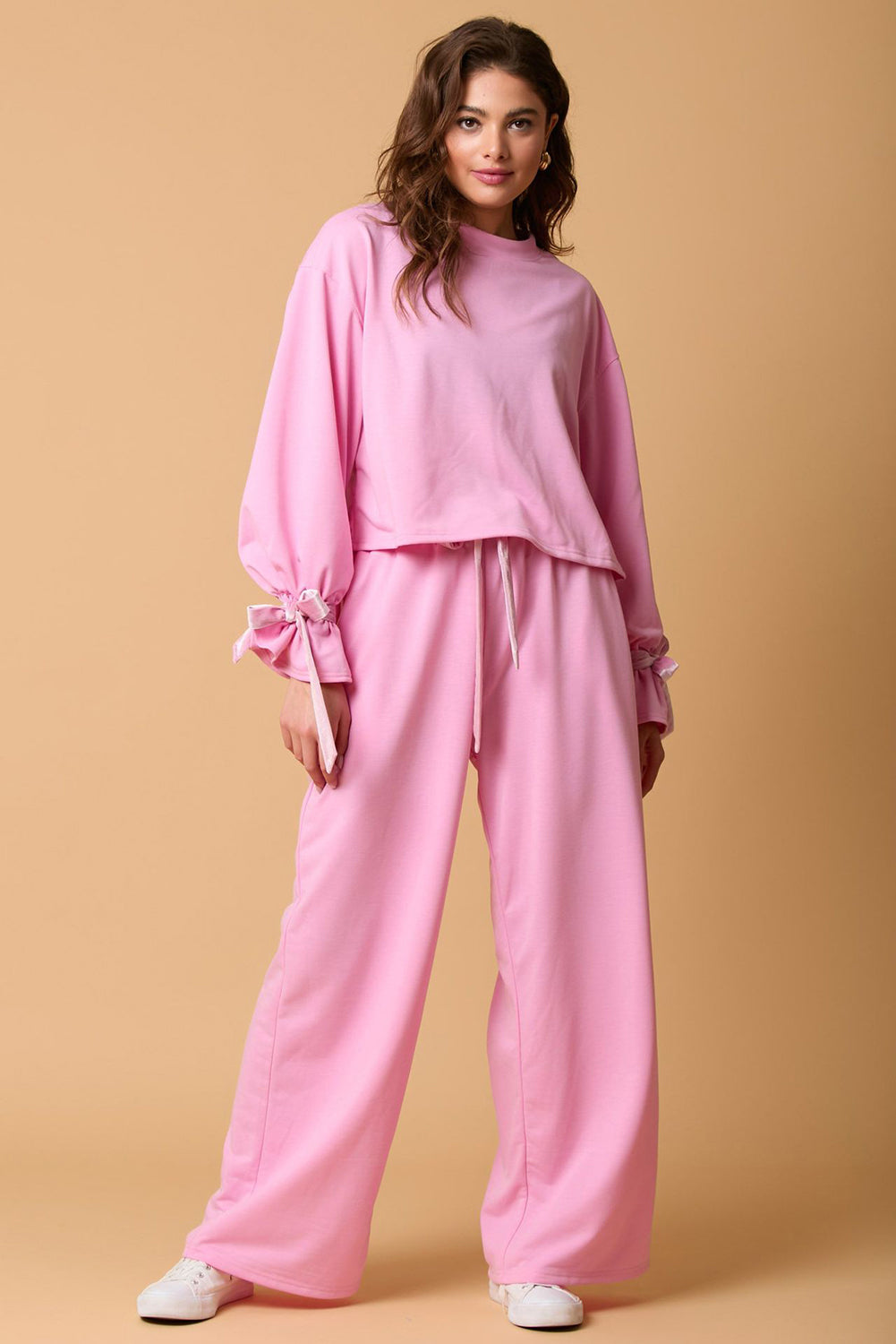 Solid Colour Drawstring Long Sleeve Top And Pants Set | Bonbon