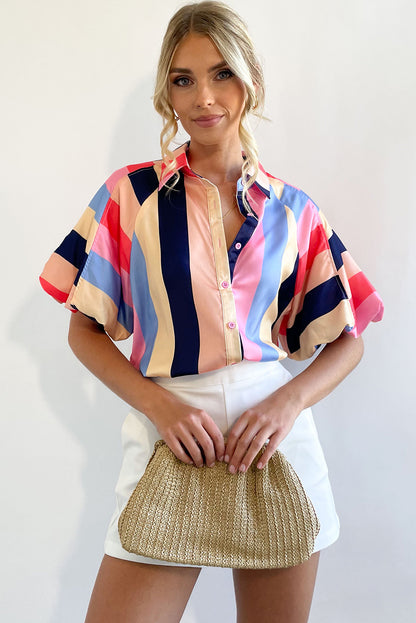 Colour Block Striped Puff Sleeve Buttoned Shirt | Multicolour