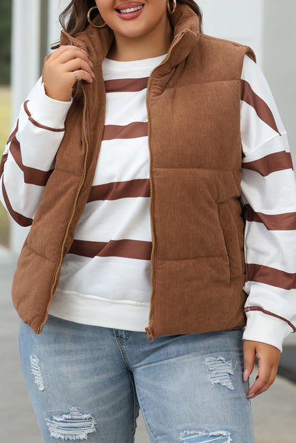 Corduroy Stand Neck Zipped Puffer Vest | Coffee