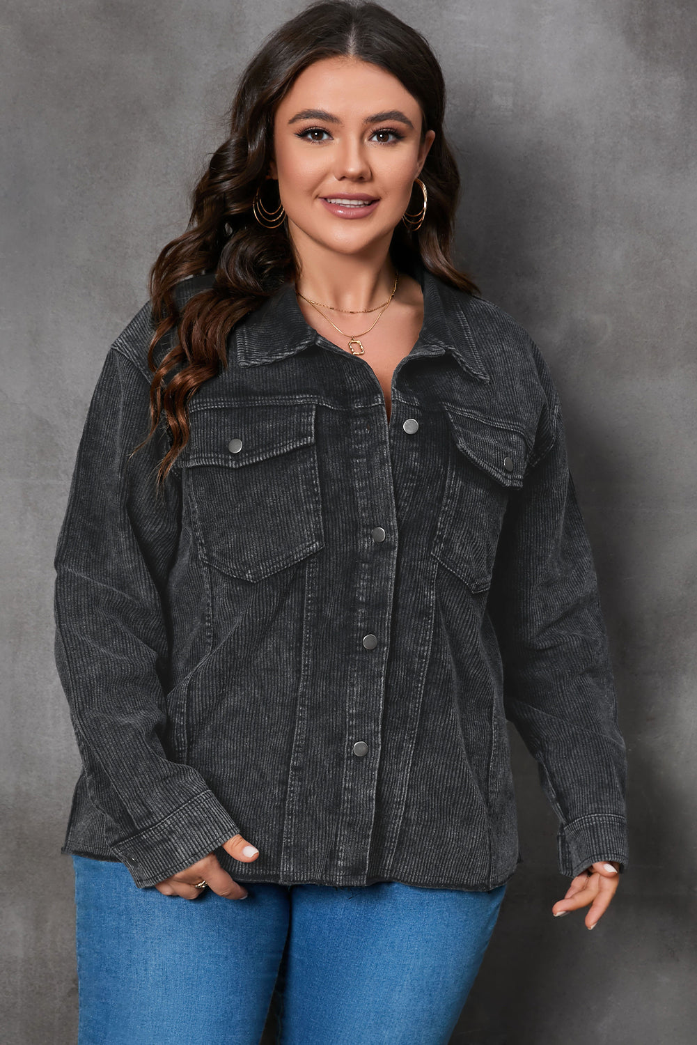 Plus Size Flap Pocket Raw Edge Corduroy Jacket | Gray