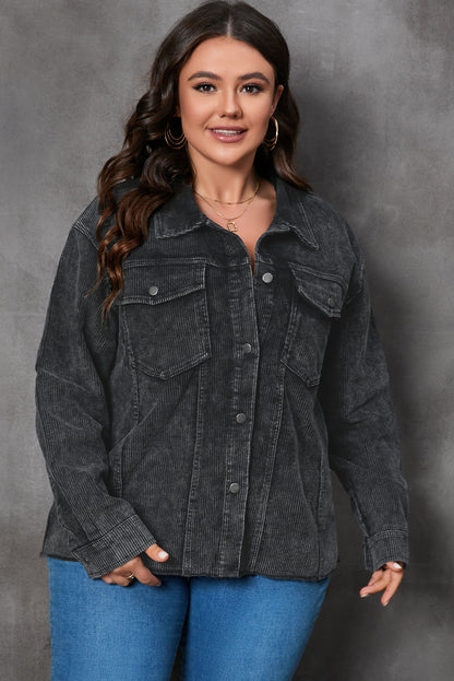 Plus Size Flap Pocket Raw Edge Corduroy Jacket | Gray