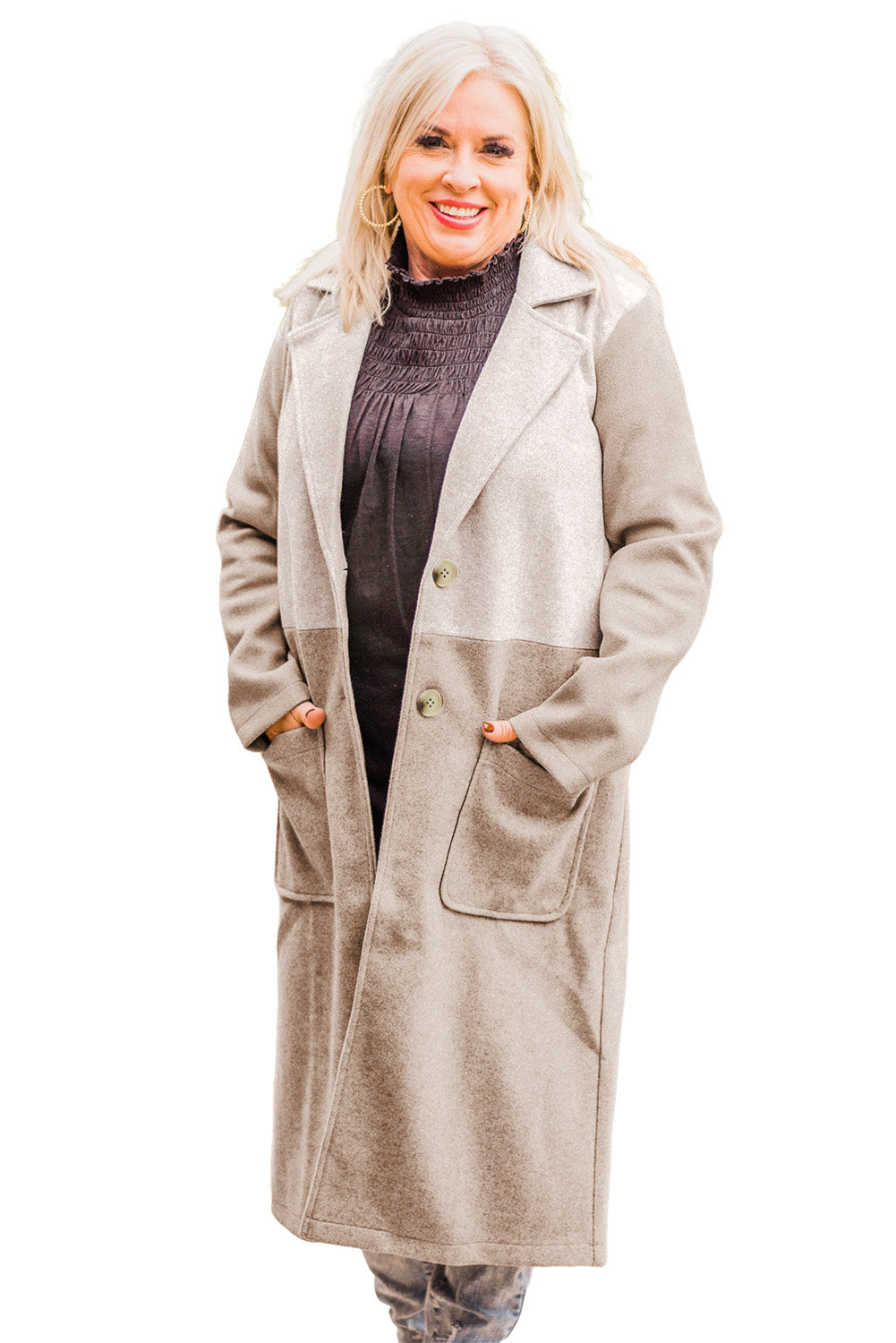 Plus Size Colourblock Lapel Collar Long Coat | Khaki