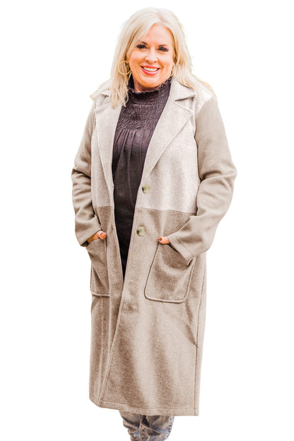 Plus Size Colourblock Lapel Collar Long Coat | Khaki