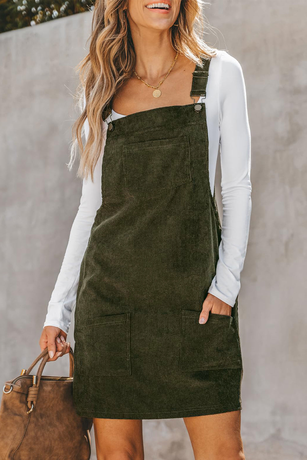 Solid Front Pockets Sleeveless Corduroy Overall Dress | Vineyard Green