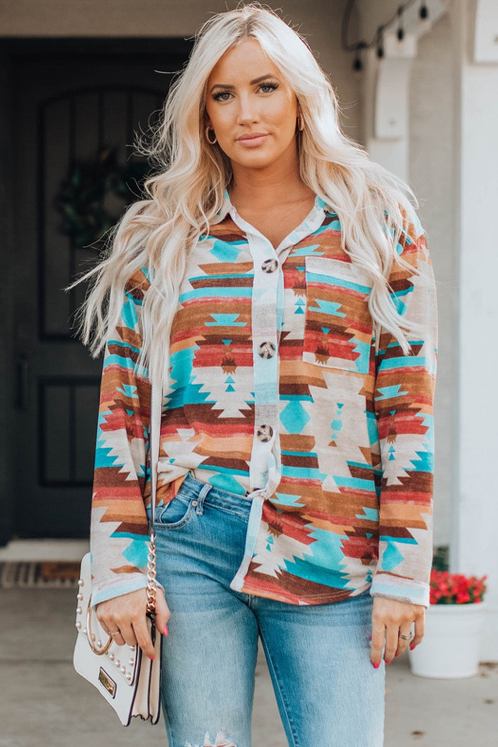 Aztec Print Buttoned Pocket Chest Long Sleeve Shirt | Multicolour