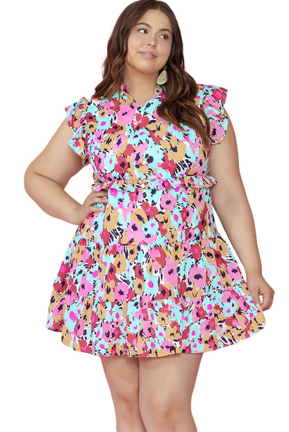 Floral Ruffled Cap Sleeve Plus Size Mini Dress | Red