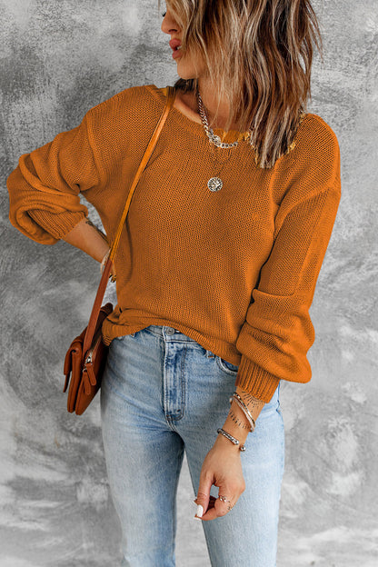 Drop Shoulder Back Cut-Out Sweater With Tie | Orange