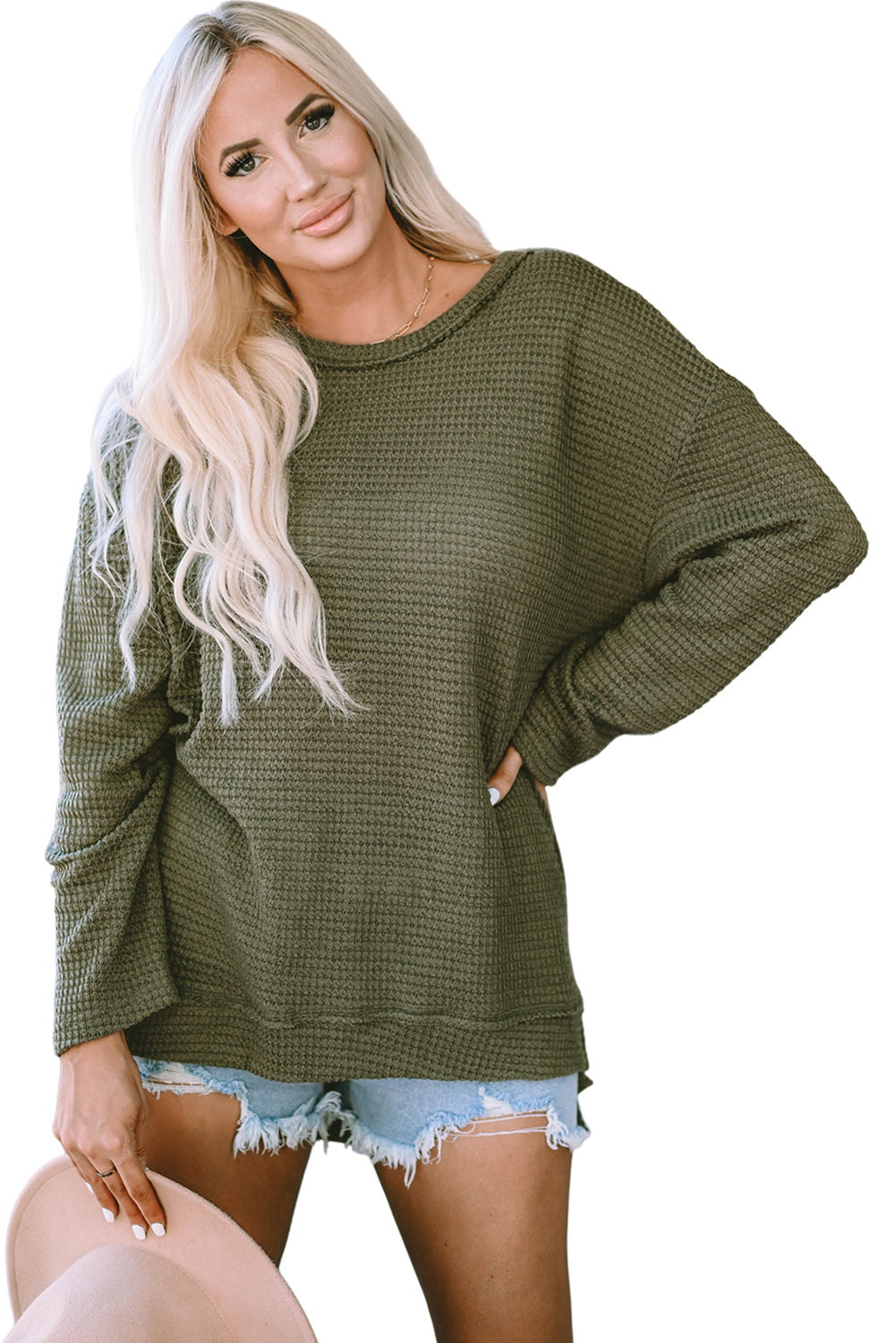 Waffle Knit High Slits Oversized Top | Green