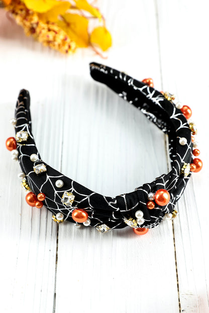 Pearled Rhinestone Knotted Spiderweb Halloween Headband | Black