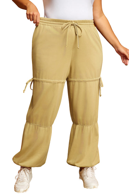 Drawstring Adjusted Band High Waist Plus Size Pants | Beige