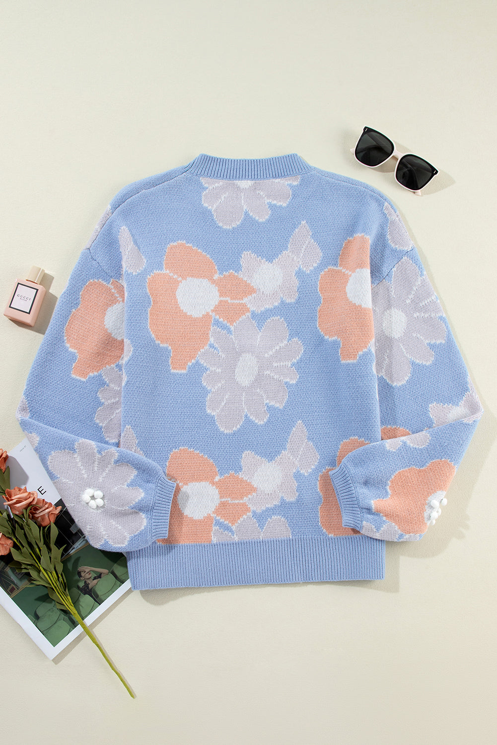 Floral O Neck Drop Shoulder Knitted Sweater | Beau Blue