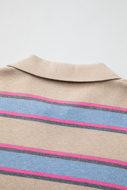 Collared V Neck Drop Shoulder Loose Sweater | Apricot Stripe