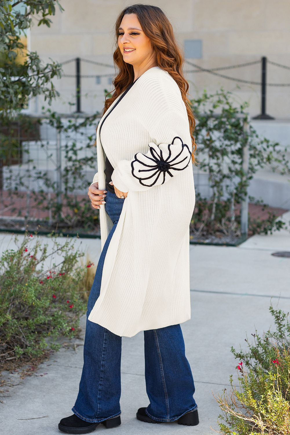 Flower Embroidered Drop Shoulder Open Front Duster Cardigan | Beige