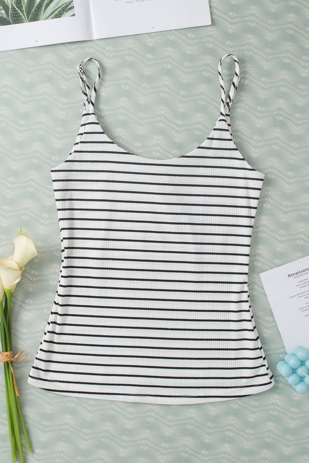 Adjustable Straps Ribbed Knit Tank Top | White Stripe