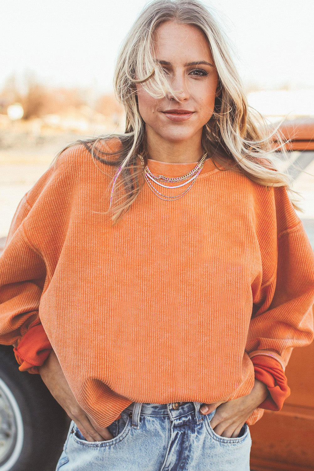 Ribbed Corduroy Oversized Sweatshirt | Orange