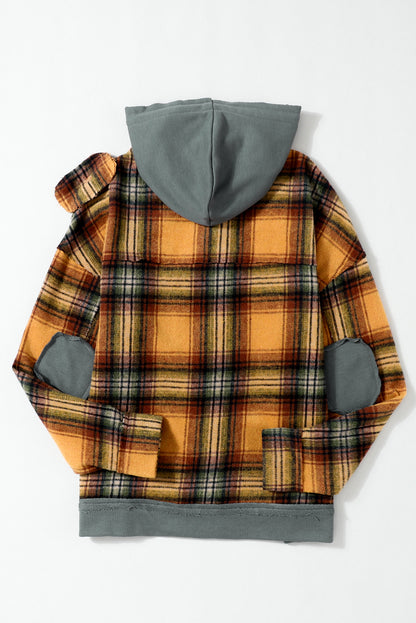 Plaid Patch Hooded Frayed Snap Button Jacket | Orange