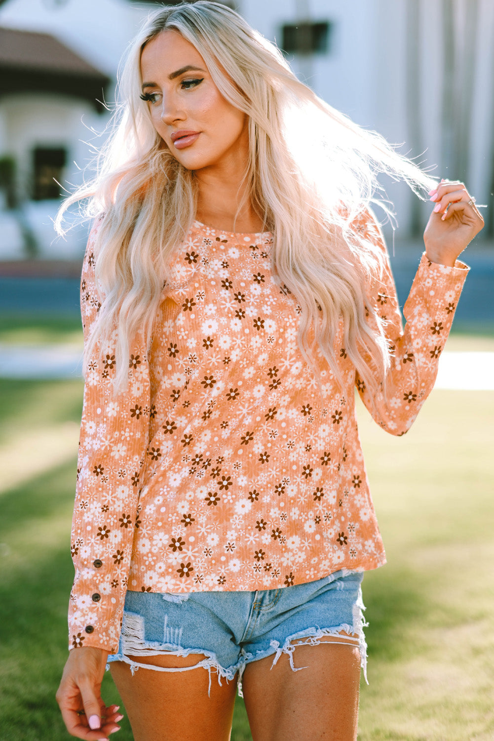 Floral Knit Long Sleeve Top | Orange