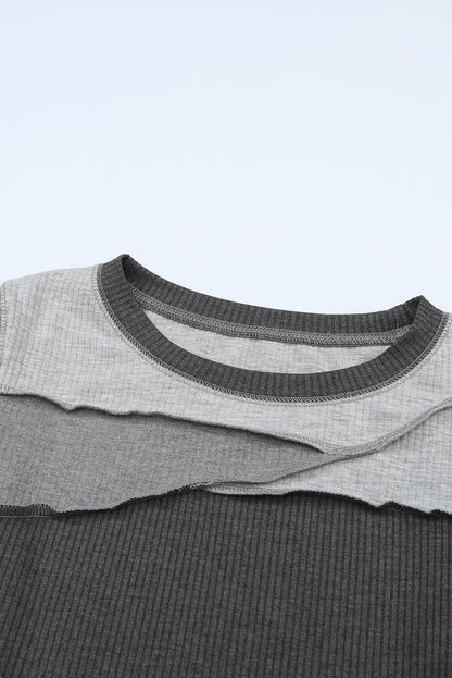 Expose Seam Colour Block Ribbed Knit Top | Gray