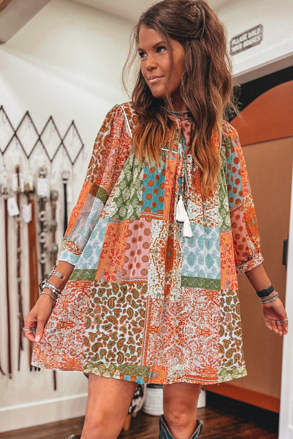 Boho Paisley Mixed Print 3/4 Sleeve Chiffon Loose Dress | Orange