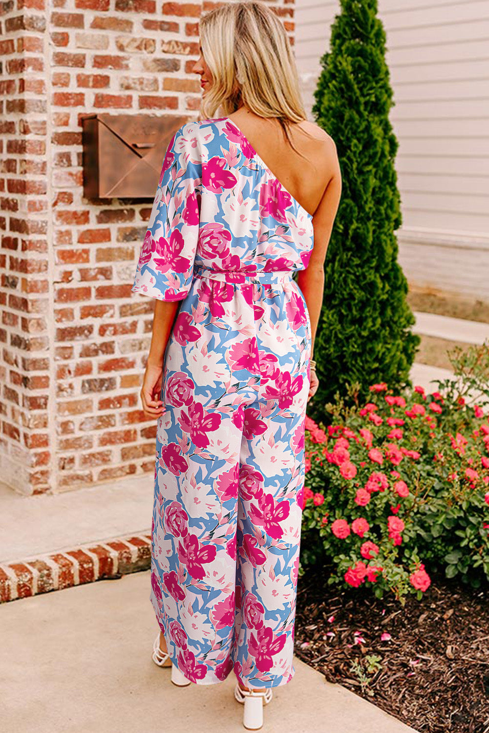 Floral Print Asymmetrical Neckline Single Shoulder Drape Sleeve Belted Jumpsuit | Pink