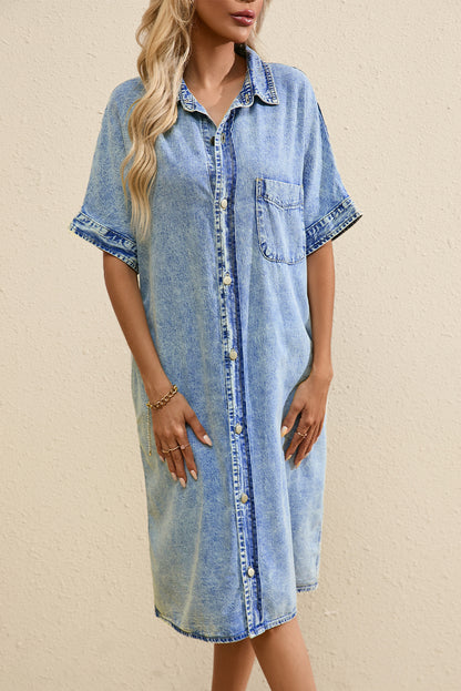 Loose Medium Wash Short Sleeve Shirt Chambray Dress | Light Blue