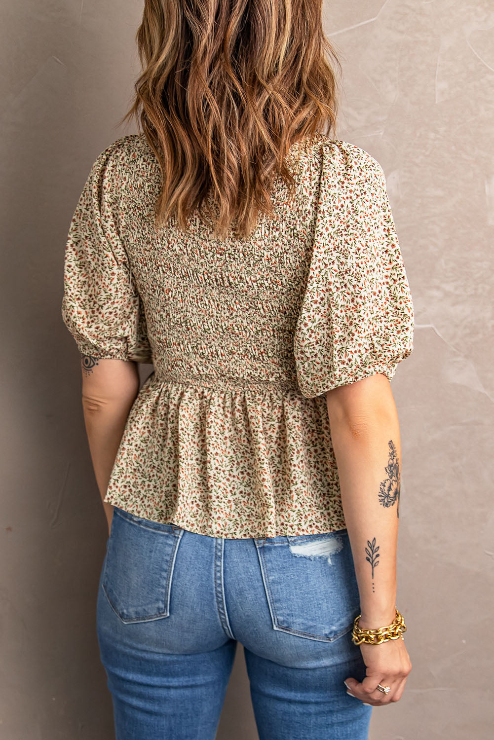 Floral Print Puff Sleeve Smocked Top | Green