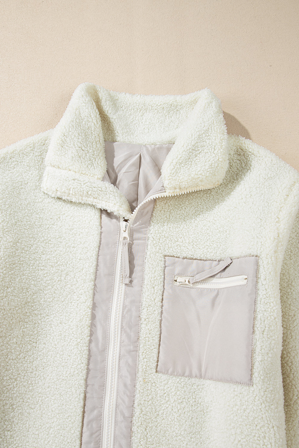 Chest Pocket Full Zipper Fuzzy Fleece Jacket | White