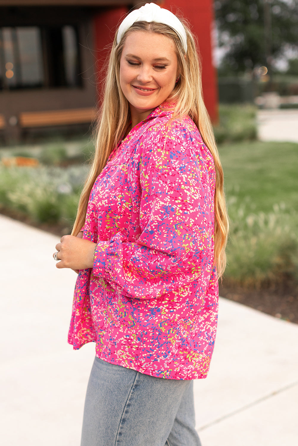 Plus Size Floral Print Puff Sleeve V Neck Blouse | Purple