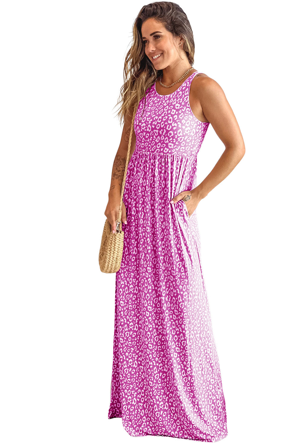 Leopard Print Pocketed Sleeveless Maxi Dress | Rose