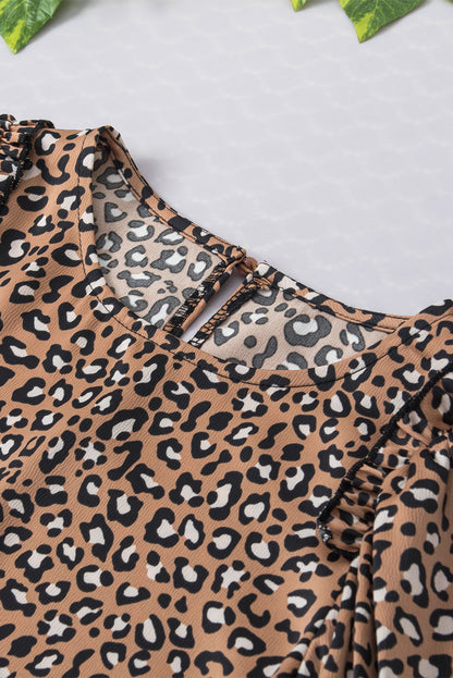 Leopard Print Ruffle Wide Sleeve Blouse | Chestnut