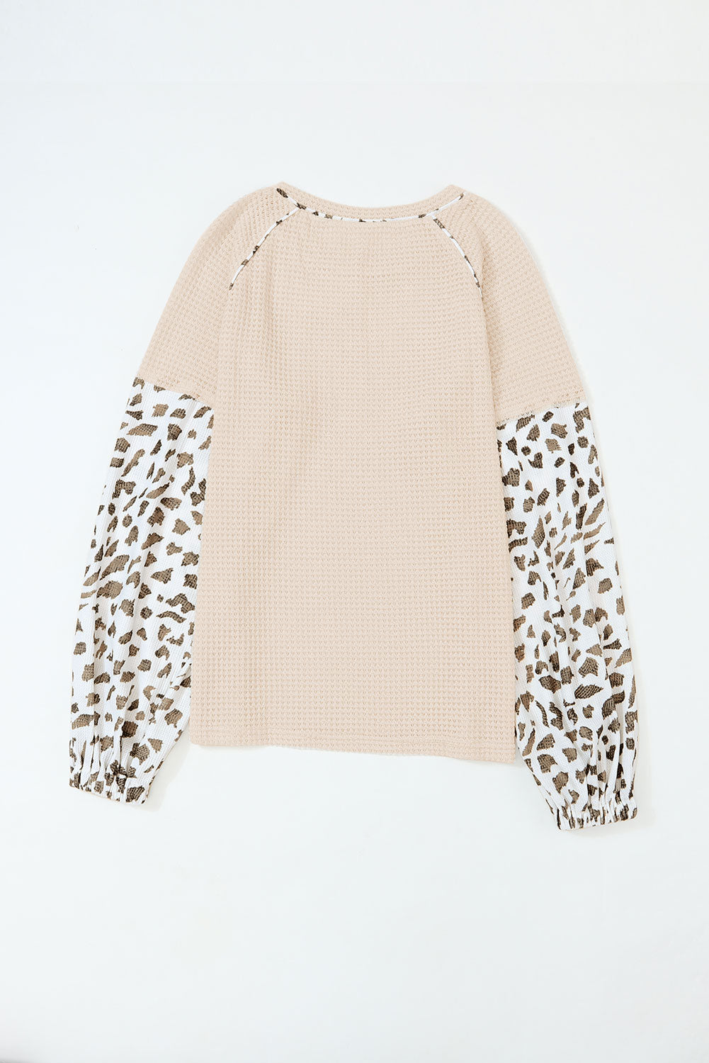 Leopard Print Patchwork Lantern Sleeve Waffle Knit Top | Apricot