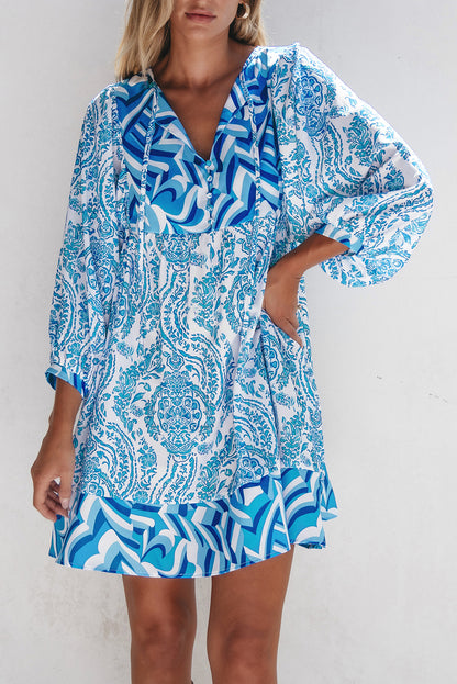 Bohemian Print Puff Sleeve Tied V Neck Flared Mini Dress | Sky Blue