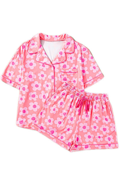 Flower Print Short Sleeve Shirt Pajamas Set | Pink