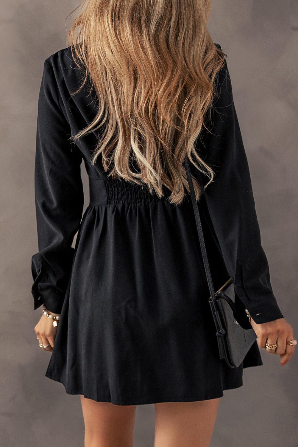 Elastic Cinched High Waist Long Sleeve Shirt Mini Dress | Black