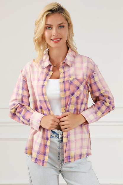 Bleached Plaid Print Exposed Seam Shirt | Purple