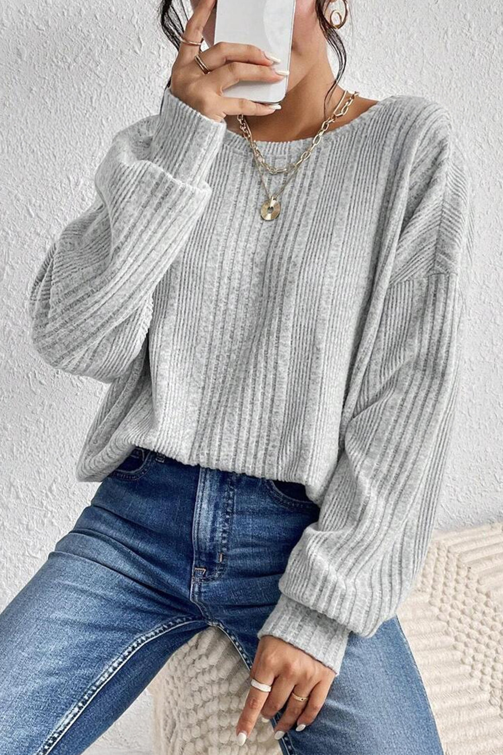 Textured Crossover Backless Knit Long Sleeve Top | Light Grey