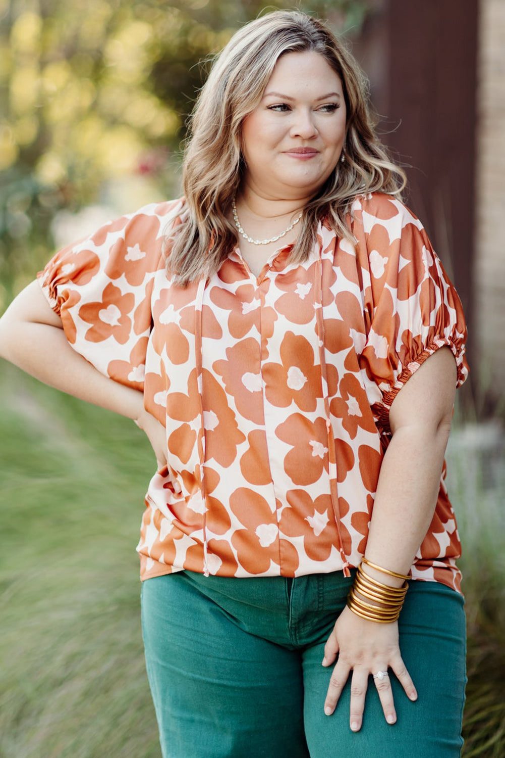 Plus Size Floral Print Drawstring V Neck Short Sleeve Blouse | Orange