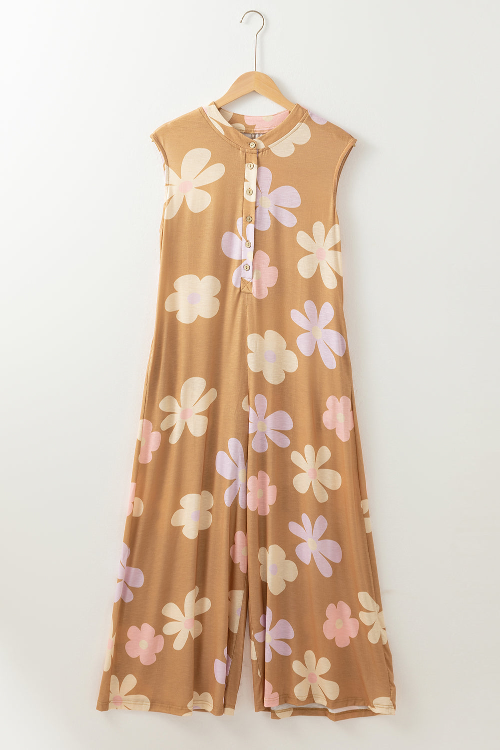 Floral Print Sleeveless Button Up Wide Leg Loose Jumpsuit | Khaki