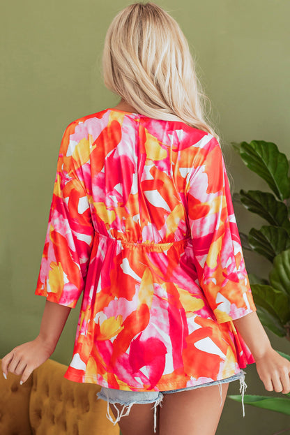 Abstract Print 3/4 Sleeve V Neck Ruffled Babydoll Blouse | Orange