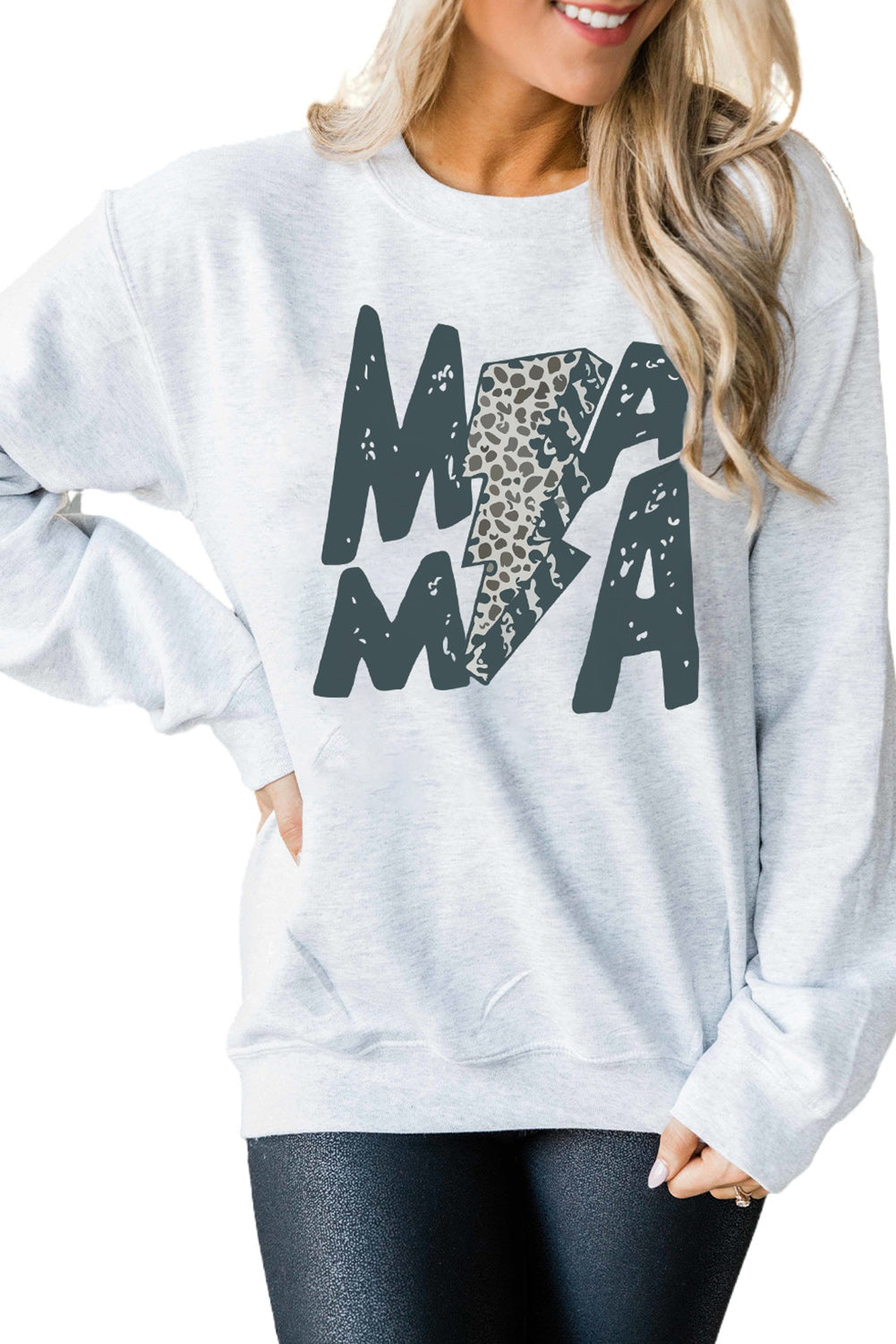 Mama Lightning Leopard Print Long Sleeve Sweatshirt | Gray