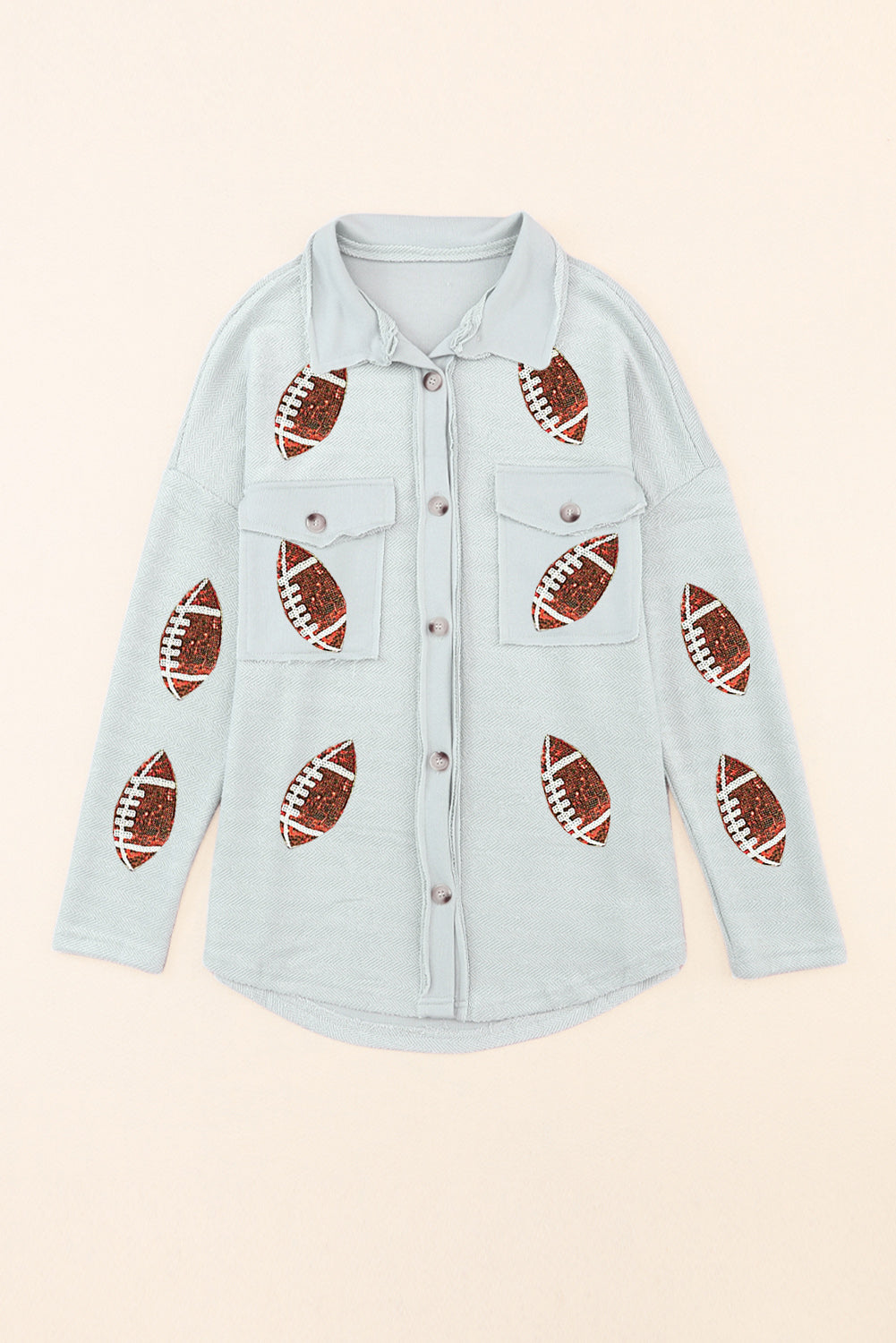 Sequined Rugby Flap Pockets Buttoned Shacket | Gray