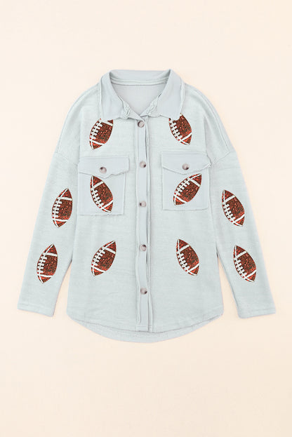 Sequined Rugby Flap Pockets Buttoned Shacket | Gray