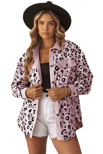 Collared Neckline Flap Pockets Leopard Corduroy Jacket | Pink