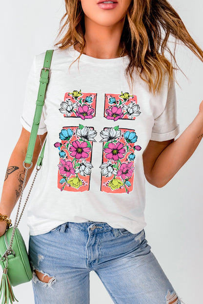 Floral Crossed Graphic Easter Round Neck T Shirt | White