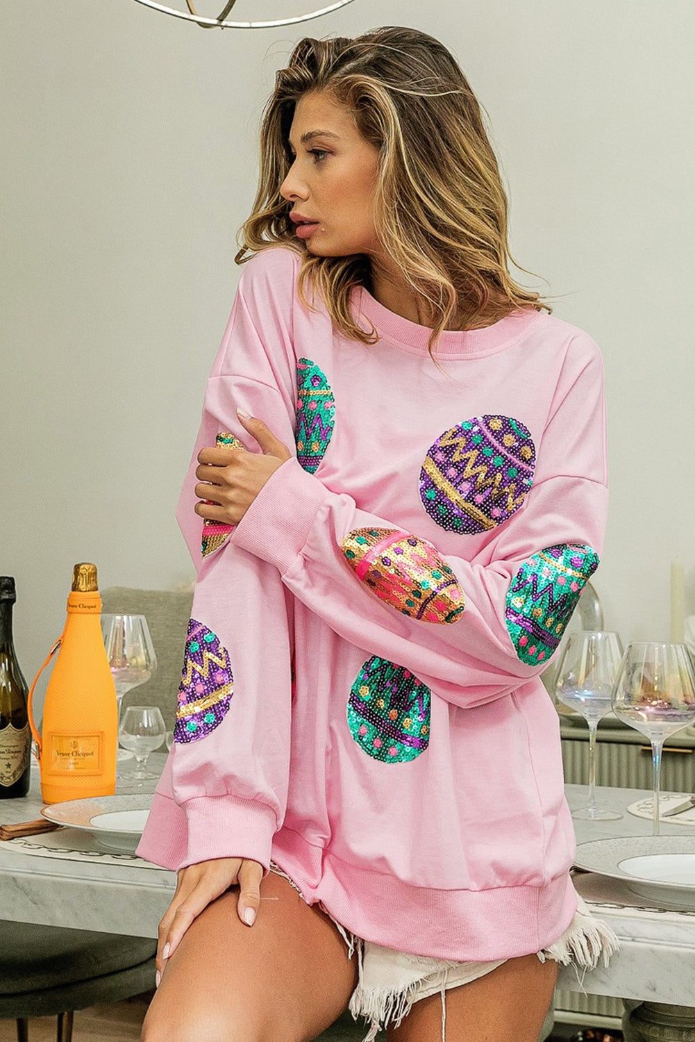 Sequined Easter Egg Drop Shoulder Oversized Sweatshirt | Pink