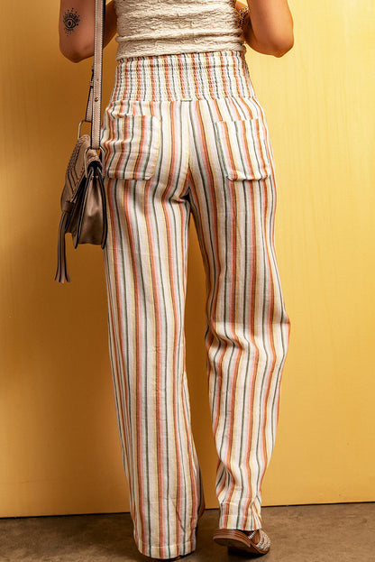 Shirred High Waist Straight Leg Pants | Stripe